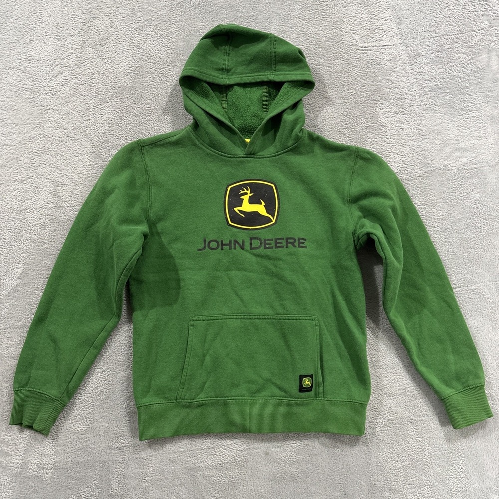 John Deere Fleece Hoodie Youth M (8) Logo Hooded Pullover Pockets Green